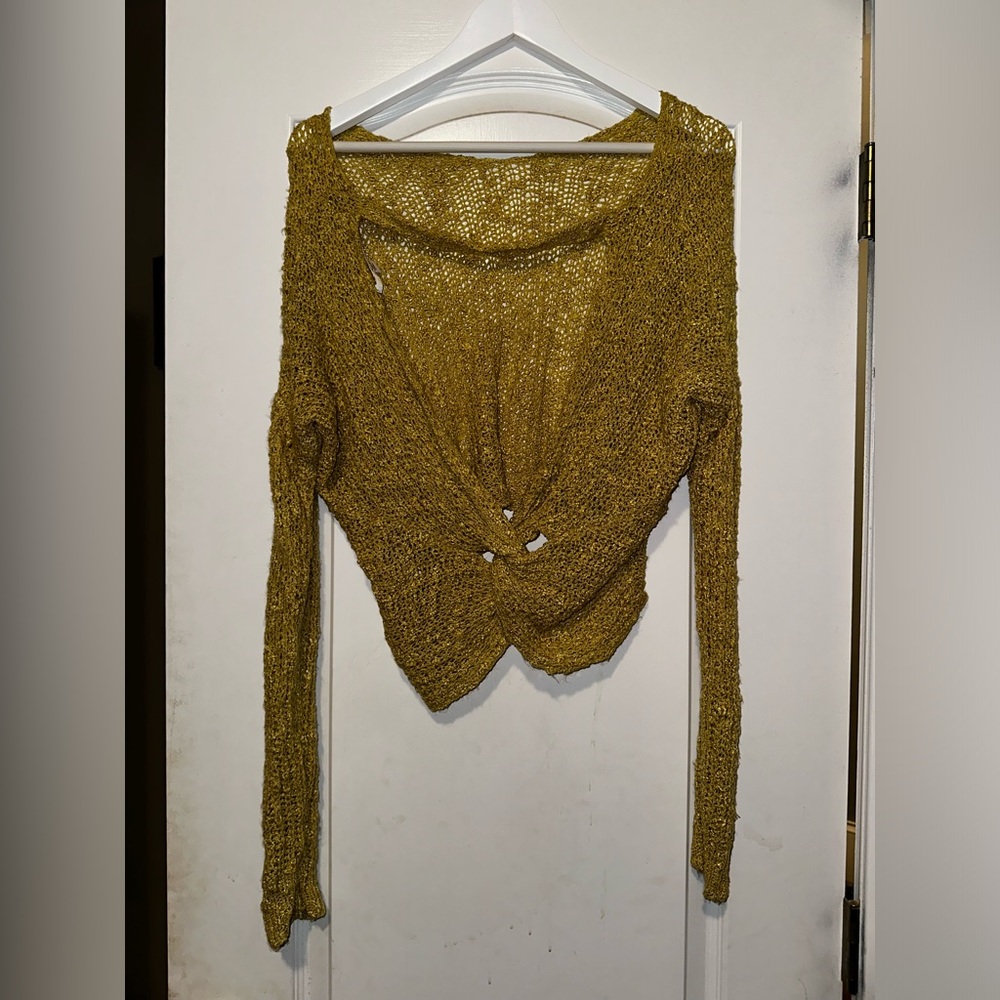Mustard Open Knit Twist Front Sweater off the shoulder